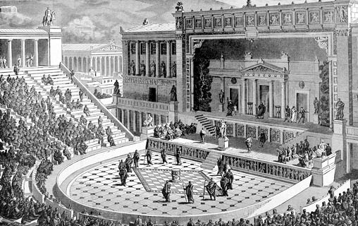 Illustration of the Amphitheater of Dionysus by J  Buhlmann, from the book  With the World's People  by author John Clark Ridpath, published by C  E, 1915  Ridpath  Courtesy Internet Archive  ()
