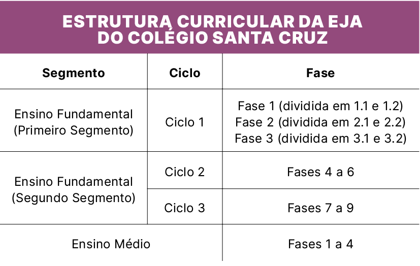 Estrutura curricular da EJA do Col gio Santa Cruz,Segmento,Ciclo,Fase,Ensino Fundamental (Primeiro Segmento),Ciclo 1,...