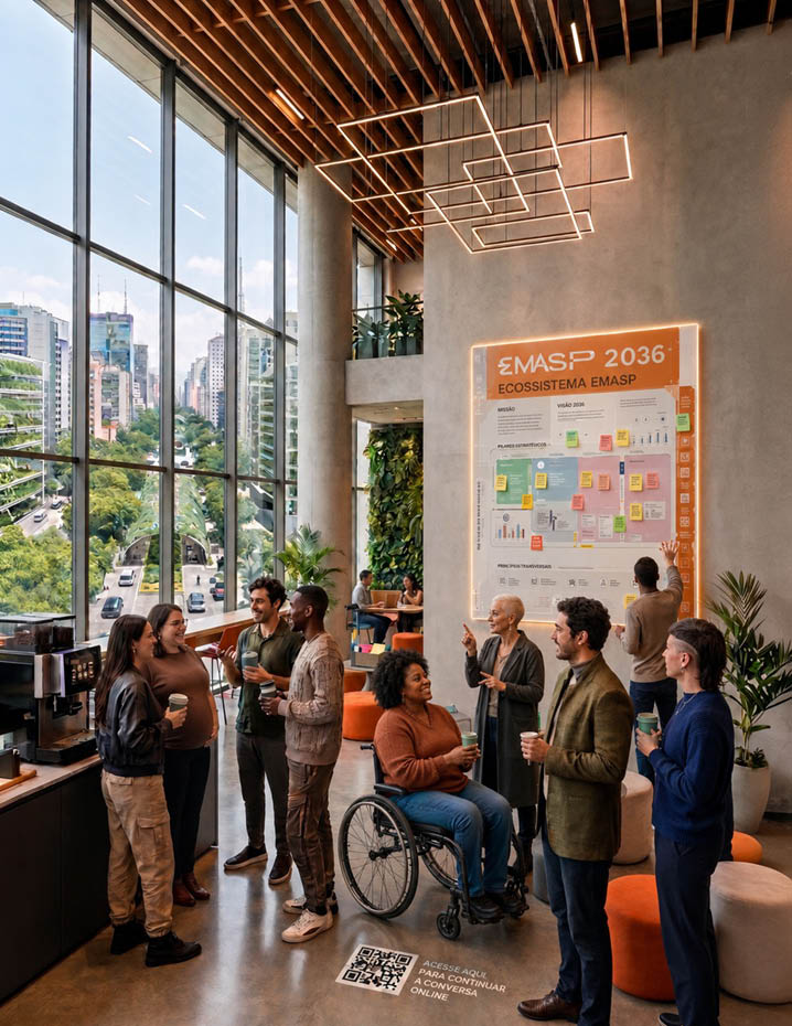A group of people are standing in a room with a large window. Description generated by AI