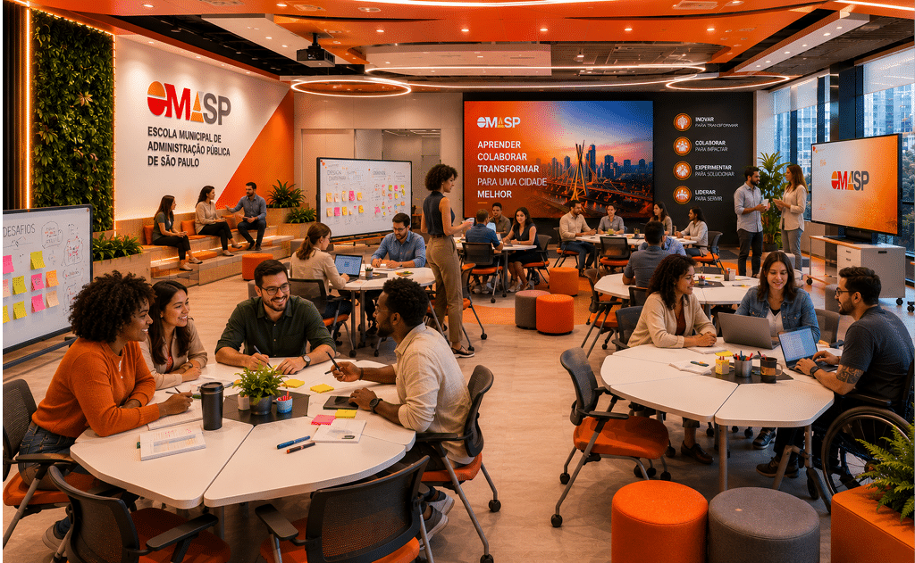 A group of people are sitting around a table in a room with a large screen in the background. Description generated by AI
