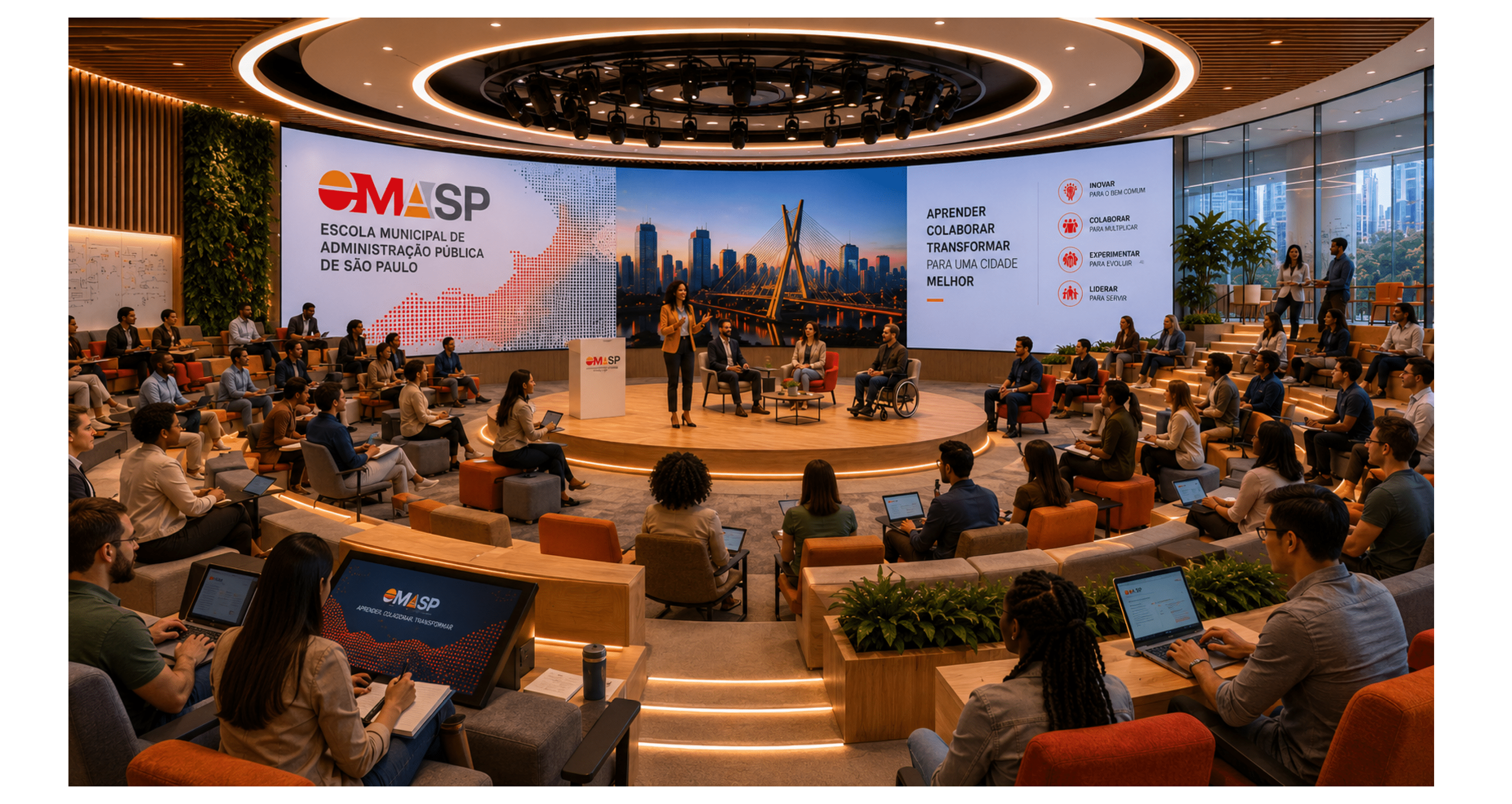 A large group of people sitting in front of a large screen. Description generated by AI